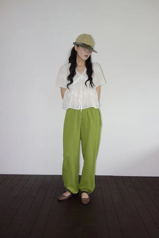 [2 colors] Butterfly embroidered perforated balloon fit summer cotton pants