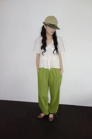 [2 colors] Butterfly embroidered perforated balloon fit summer cotton pants