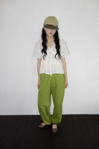 [2 colors] Butterfly embroidered perforated balloon fit summer cotton pants