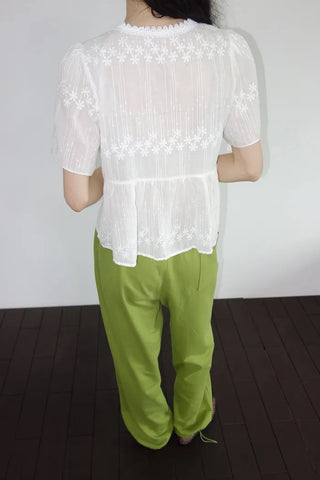 [2 colors] Butterfly embroidered perforated balloon fit summer cotton pants