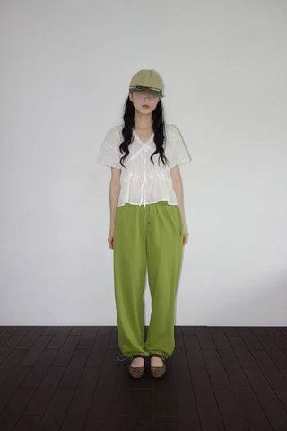 [2 colors] Butterfly embroidered perforated balloon fit summer cotton pants
