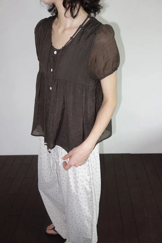 [2 colors] Kirin String Shirring Blouse