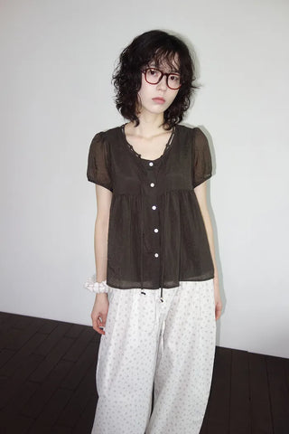 [2 colors] Kirin String Shirring Blouse