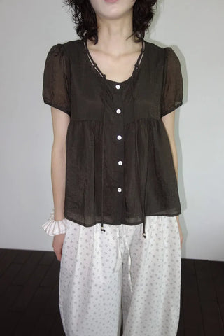 [2 colors] Kirin String Shirring Blouse