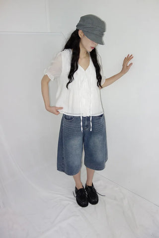 [3 colors] Mute Denim Beaded Bermuda Shorts