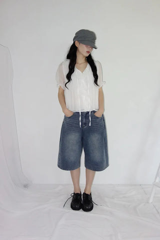 [3 colors] Mute Denim Beaded Bermuda Shorts