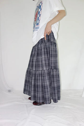 [3 colors] Lacu Check Cantilever Long Skirt