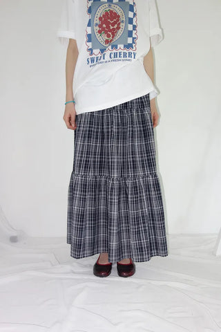 [3 colors] Lacu Check Cantilever Long Skirt