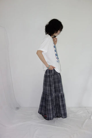 [3 colors] Lacu Check Cantilever Long Skirt