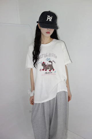 [2 colors] Chilling Print Oversized Short-Sleeve T-Shirt