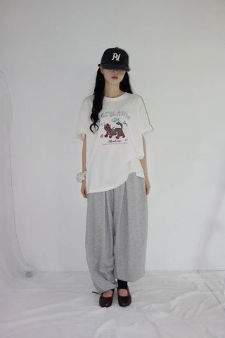 [2 colors] Chilling Print Oversized Short-Sleeve T-Shirt