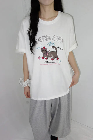 [2 colors] Chilling Print Oversized Short-Sleeve T-Shirt