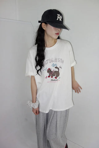 [2 colors] Chilling Print Oversized Short-Sleeve T-Shirt