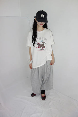 [2 colors] Chilling Print Oversized Short-Sleeve T-Shirt