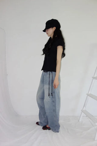 [2 colors] Abel Denim Pintuck Wide Pants