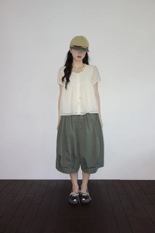 [3 colors] Ajipo Button Pintuck 3/4 Pants