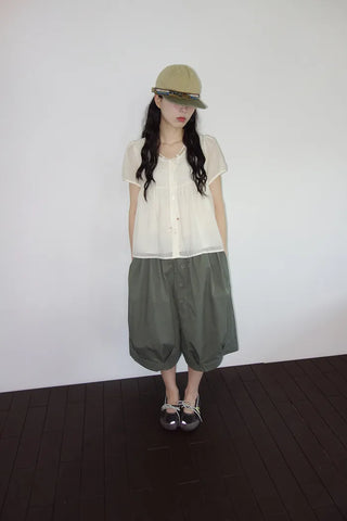 [3 colors] Ajipo Button Pintuck 3/4 Pants