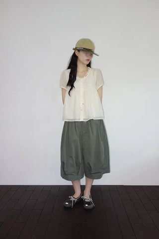 [3 colors] Ajipo Button Pintuck 3/4 Pants