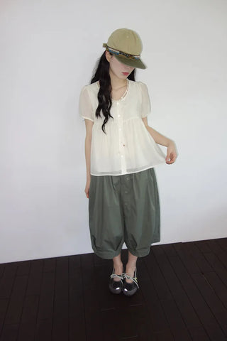 [3 colors] Ajipo Button Pintuck 3/4 Pants