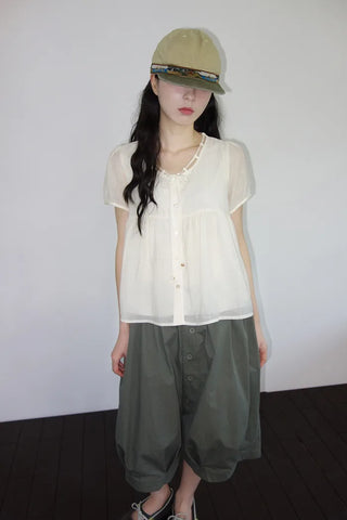 [3 colors] Ajipo Button Pintuck 3/4 Pants