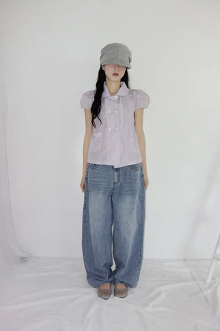 [2 colors] Monchi Check Puff Blouse