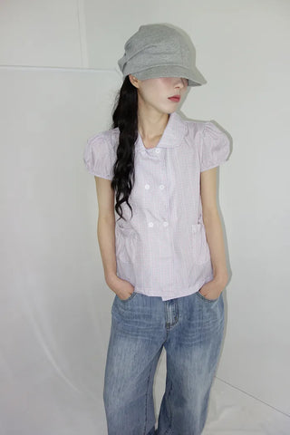[2 colors] Monchi Check Puff Blouse
