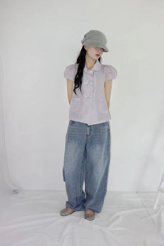 [2 colors] Monchi Check Puff Blouse