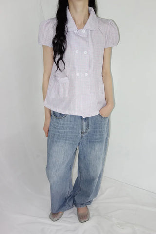 [2 colors] Monchi Check Puff Blouse