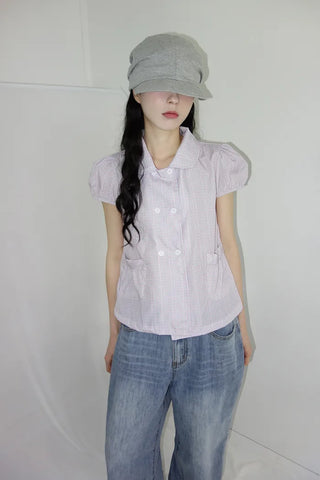 [2 colors] Monchi Check Puff Blouse