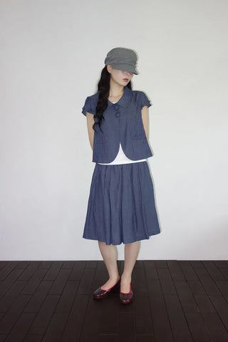 [2 colors] Round collar frill short-sleeved jacket