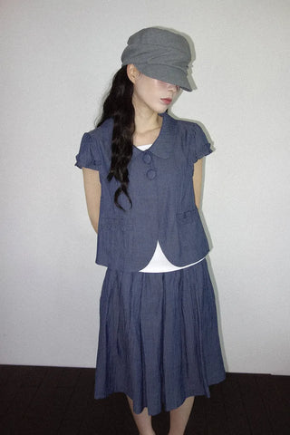 [2 colors] Round collar frill short-sleeved jacket