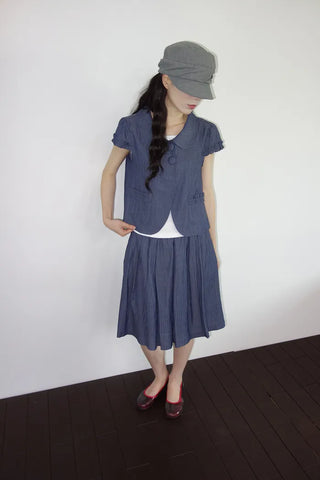 [2 colors] Round collar frill short-sleeved jacket
