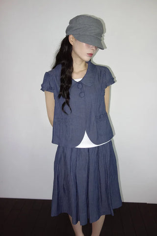 [2 colors] Round collar frill short-sleeved jacket