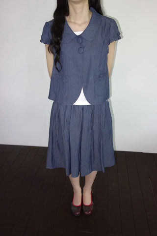 [2 colors] Round collar frill short-sleeved jacket