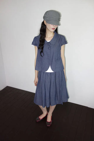 [2 colors] Round collar frill short-sleeved jacket