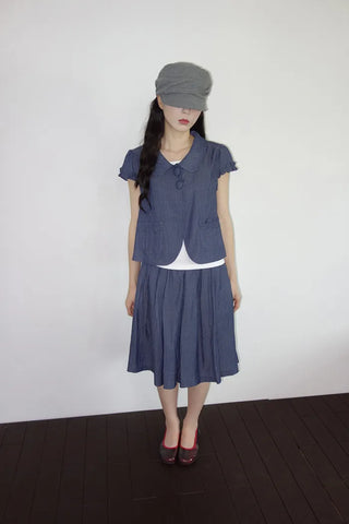[2 colors] Pleated Banding Midi Skirt