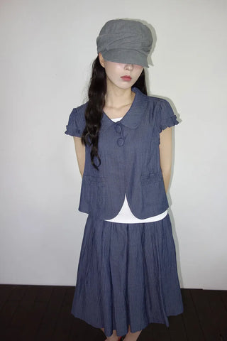 [2 colors] Pleated Banding Midi Skirt