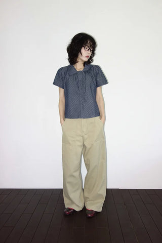 [2 colors] Denim polka dot frill blouse