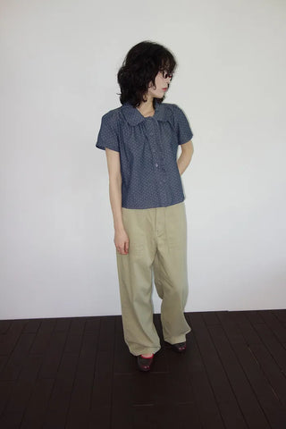 [2 colors] Denim polka dot frill blouse