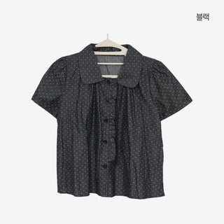 [2 colors] Denim polka dot frill blouse