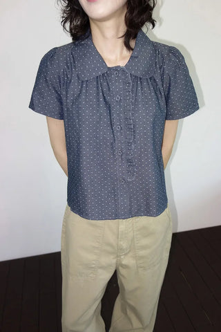 [2 colors] Denim polka dot frill blouse