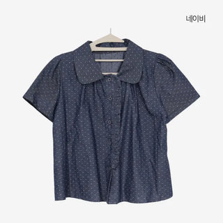 [2 colors] Denim polka dot frill blouse