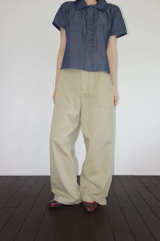 [2 colors] Denim polka dot frill blouse