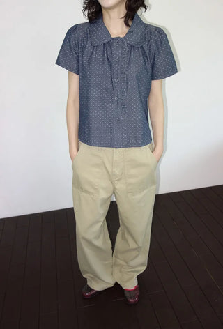 [2 colors] Denim polka dot frill blouse