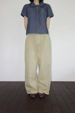 [2 colors] Denim polka dot frill blouse