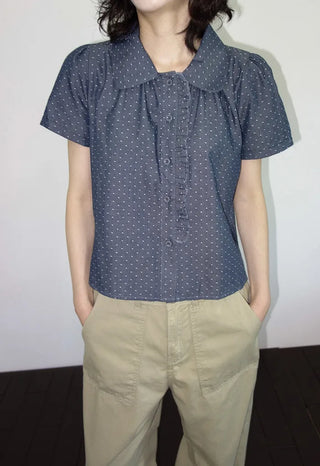 [2 colors] Denim polka dot frill blouse