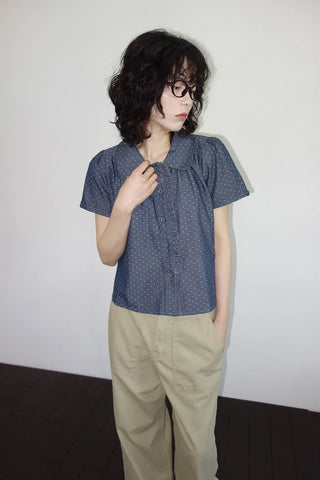 [2 colors] Denim polka dot frill blouse