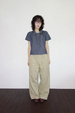 [2 colors] Denim polka dot frill blouse