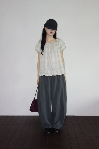 [2 colors] Checkered Frill Blouse