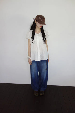 [2 colors] Multi-band curved denim pants